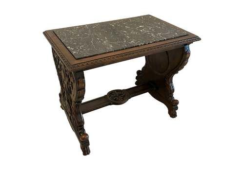 Unusual Antique Quality Carved Walnut And Marble Top Italian Coffee Table