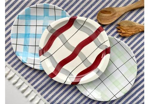 Set Of 3 Checkered Dinner Plates | Mix And Match Striped Serving Plates | Vintage Tableware