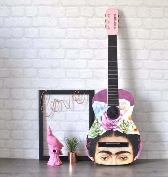 Upcycled Vintage Bohemian Guitar Decoupaged In Frida Kahlo