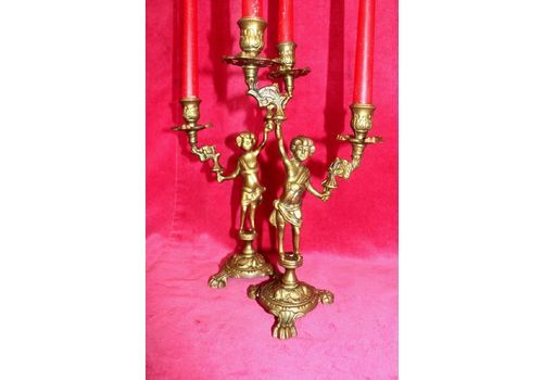 French Vintage Pair Of Ornately Gold Patina Bronze Candle Holders Cherubs