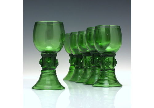 Six Antique Green Wine Roemer Glasses With Hollow Stems C1840