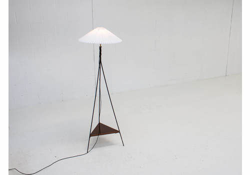 A Vintage 1960s Floor Lamp On A Triangular Base With Pleated Shade.