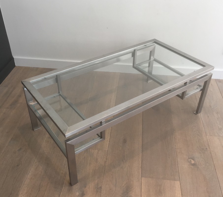 Guy Lefevre Brushed Steel Coffee Table With Small Glass On Each Side Circa 1960