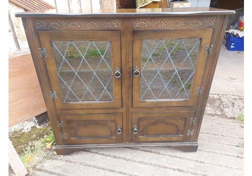 Vintage Oak Leaded Glass Door Bookcase / Display Cabinet With Lower Cupboard