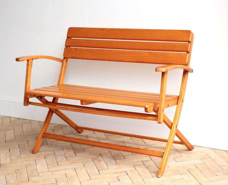 Vintage German Folding Beech Wooden Bench Mid Century Vinterior