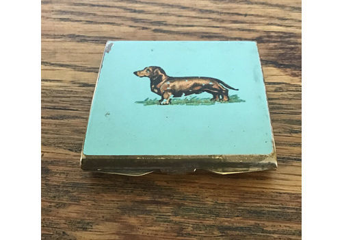 Small Antique Stratton Compact. Enamel Sausage Dog Dashound. Brass