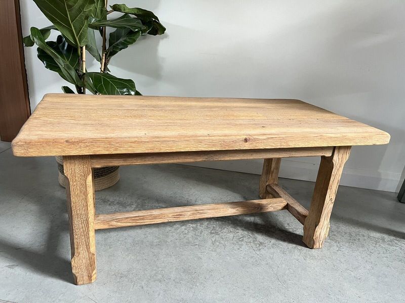 Vintage French Square Leg Bleached Oak Farmhouse Coffee Table Vinterior
