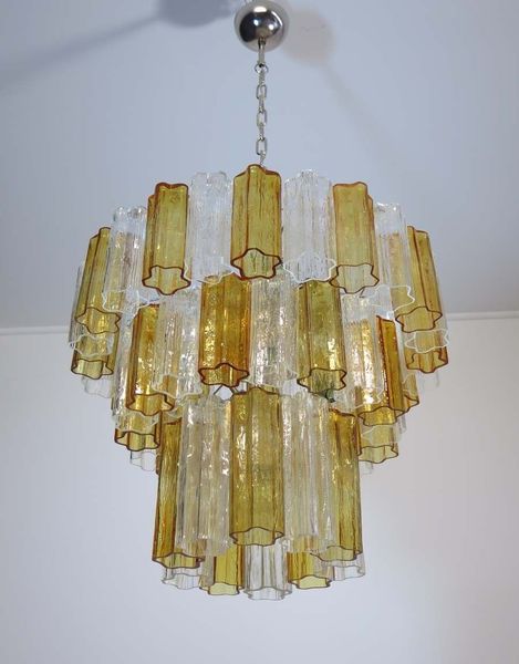 Three Tier Murano Glass Tube Chandelier 48 Pink Glasses, Mid Three Tier Murano Glass Tube Chandelier 48 Pink Glasses, Mid