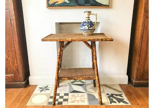 Antique Victorian Tiger Bamboo Side Table   Rectangular 19th Century Bamboo Plant Stand