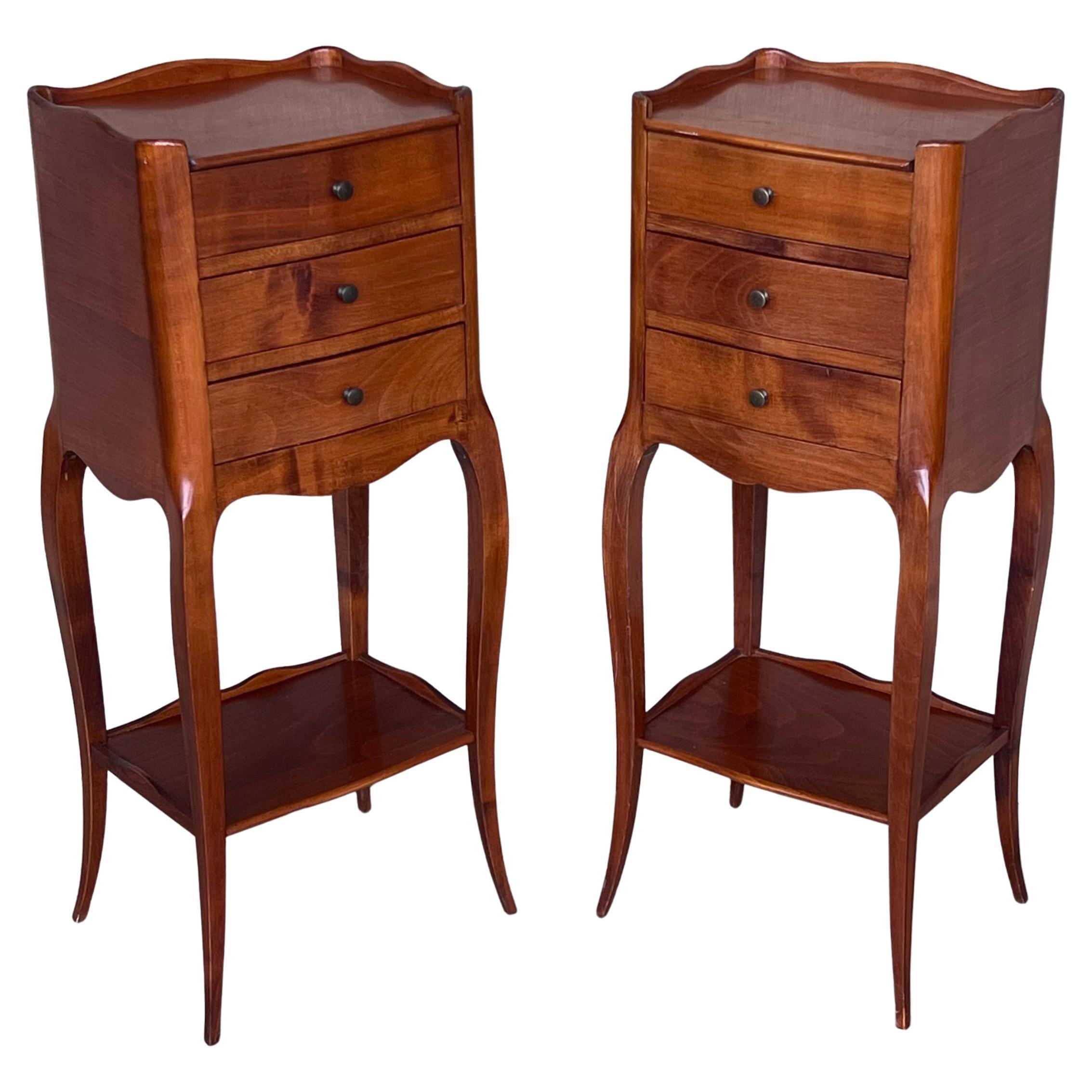 Pair Of French Walnut Narrow Bedside Tables With Three Drawers Vinterior