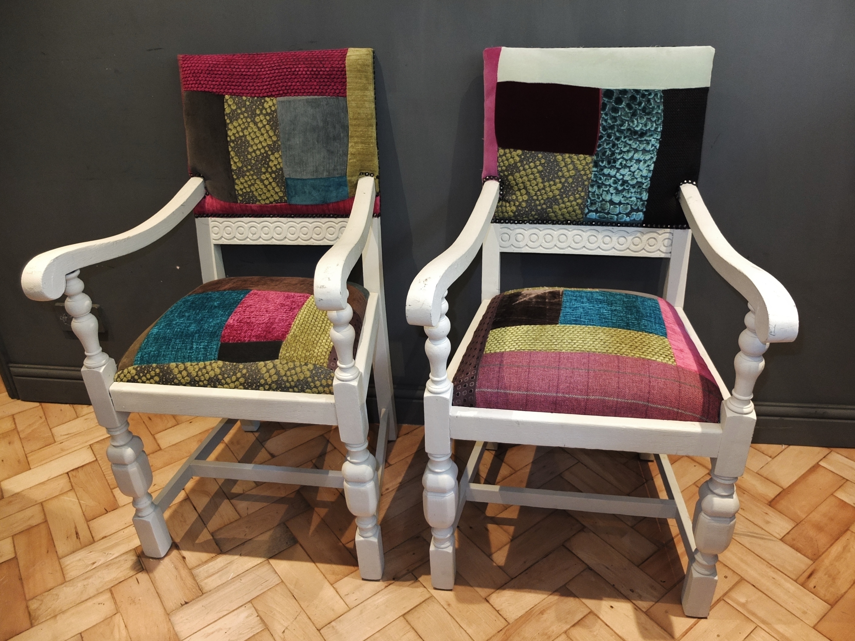 Pair Of Painted Patchwork Antique Caver Chairs Designers Guild Fabric Solid Oak Elbow Fireside Chair