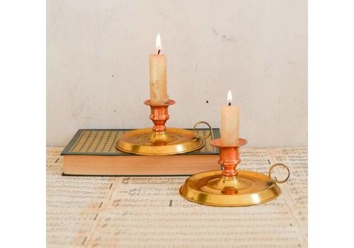 Vintage Pair French Brass & Copper Chamber Candlesticks, Set Of 2 Finger Ring Bedside Light Candle Holders