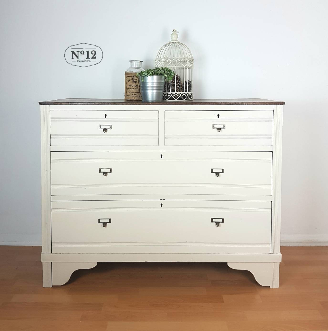 Shabby Chic Chest Of Drawers Vintage Antique Cream With Wooden Top