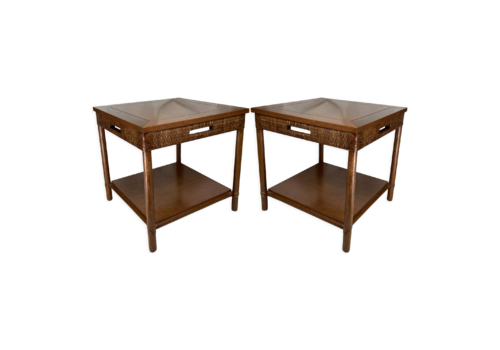 Pair Wood And Rattan Coffee Or Side Table By Gasparucci Italy, 1970s 1980s