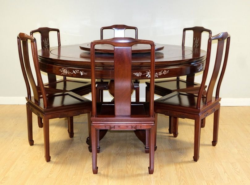 Stunning 20th C Chinese Rosewood Dining Table Set Six Chairs & Lazy