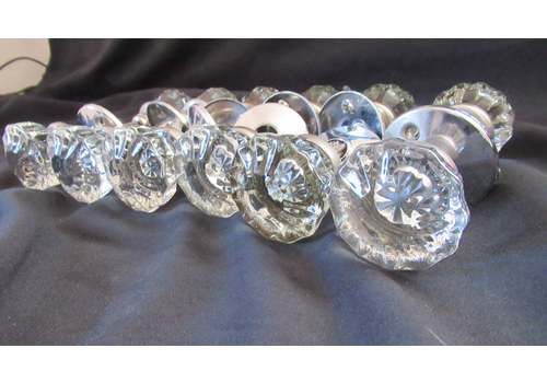 6 Pairs Art Deco 12 Sided Glass & Nickel Door Knobs & Back Plates