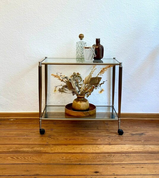 Silver Tea Cart Serving Trolley With Glass Plates Vinterior