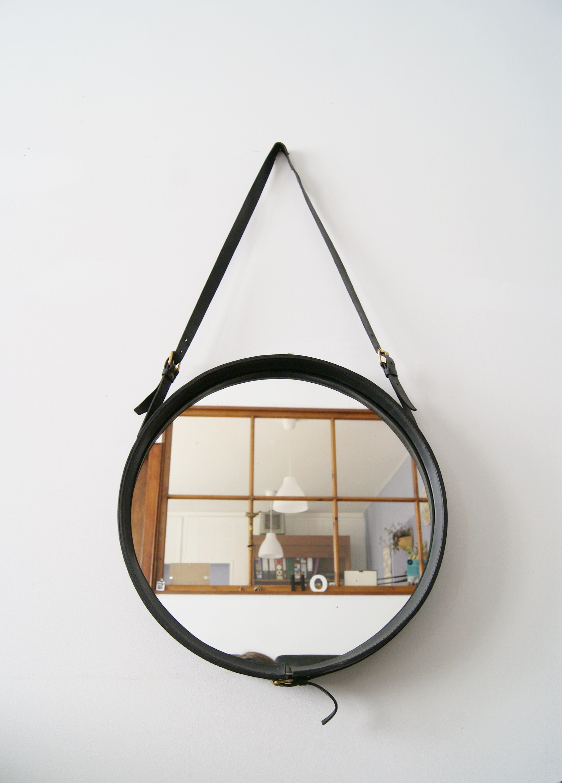 Wall Mirror Leather Round French Black By Adnet 1950