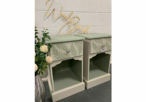 Beautiful Painted Pair Of Bedside Tables In Cream And Green With Botanical Fern Leaf Design And Silver Bee Handles