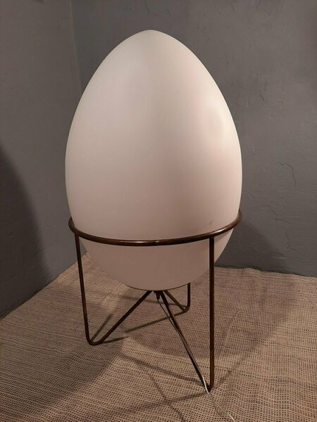 Stilnovo Style Table Lamp With Iron Structure And Egg Shaped Opal Glass Shade, 1990s photo for sale