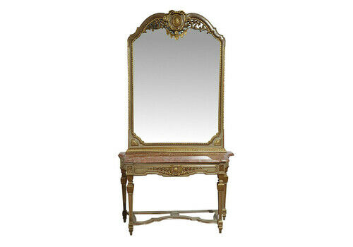 A Very Fine Early 20th Century French Parcel Gilt Marble Top Console Table And Matching Giltwood Mirror