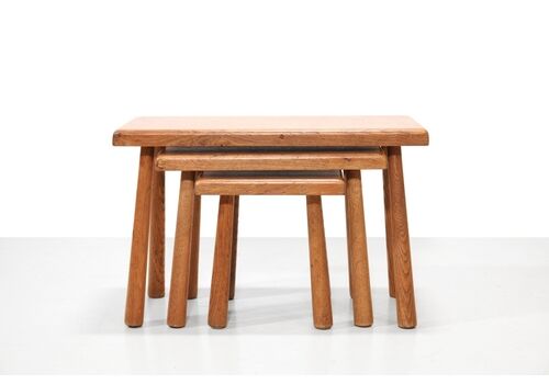 Set Of Solid Oak Brutalist Nesting Tables, The Netherlands 1970