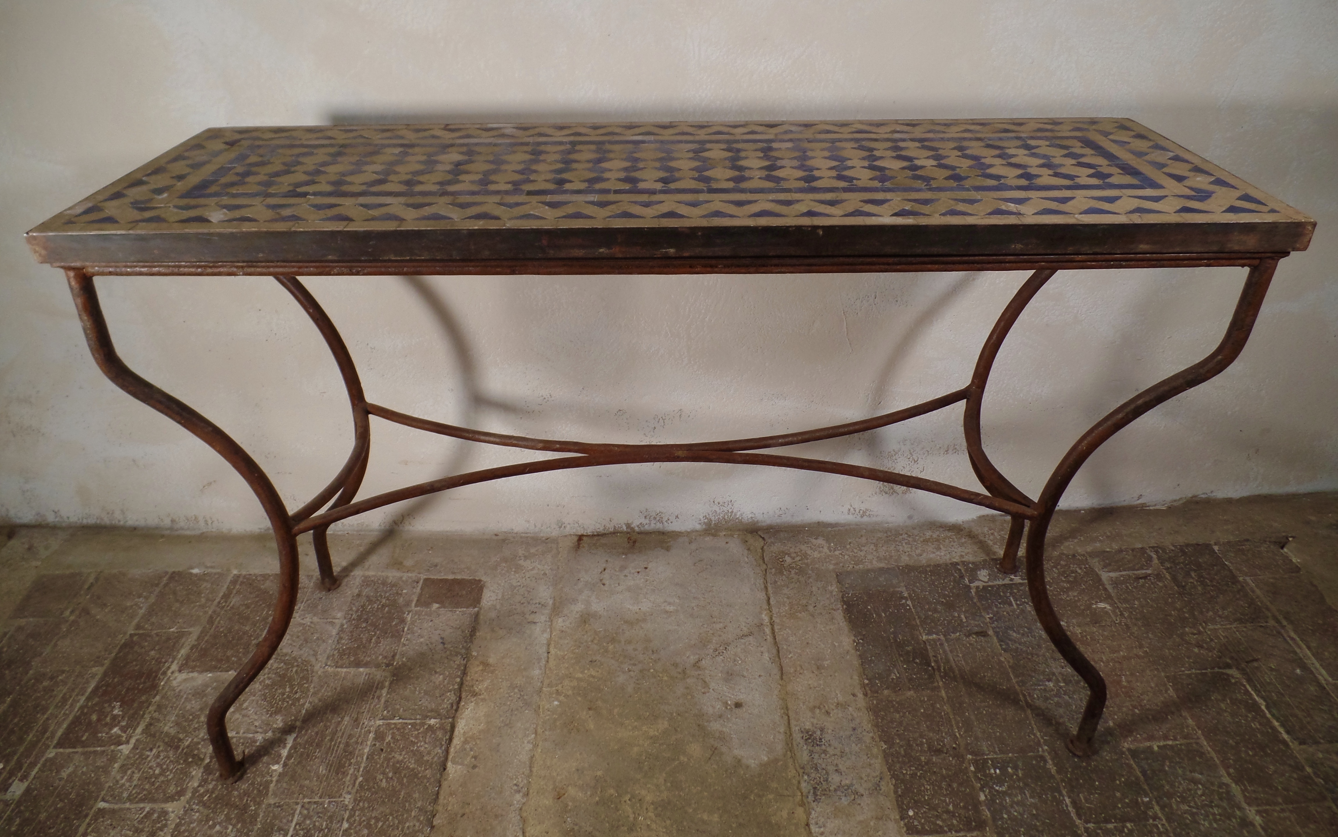 Antique Vintage Italian Cast Iron Mosaic Table Outdoor Side