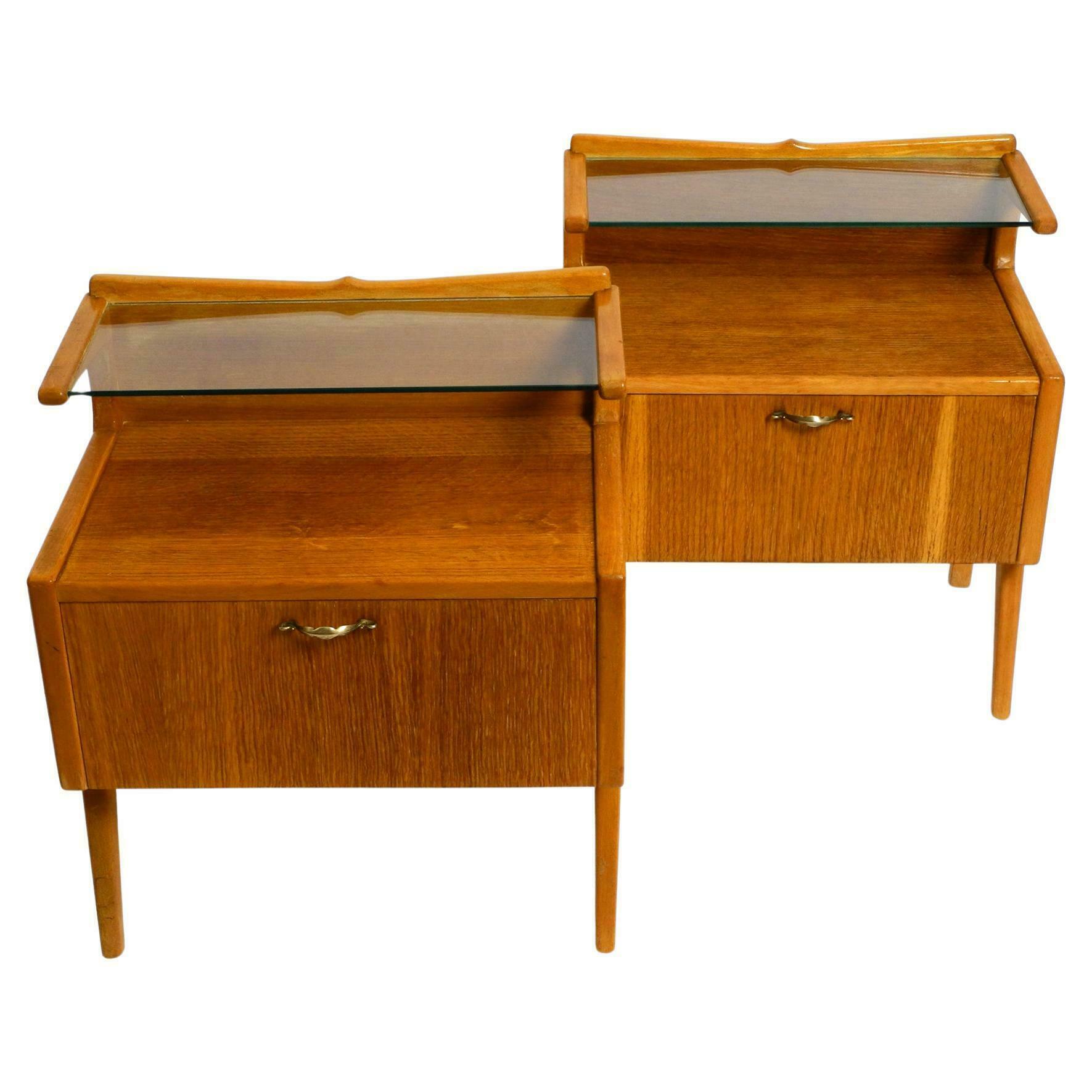Two Mid Century Italian Bedside Tables Made Of Oak With Teak Veneer And