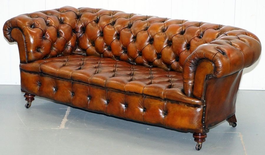 Red Victorian 1890 Cornelius V Smith Stamp Chesterfield Leather Sofa Brown