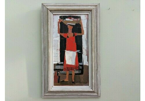 1958 Mid Century Modern Figurative Framed Oil Painting, Off To The Market
