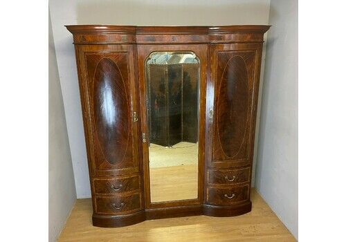 C19th Flame Mahogany Inlaid Triple Bow Front Wardrobe