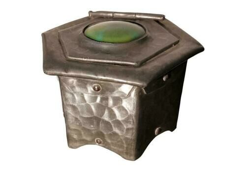 Liberty & Co Attri. An Arts & Crafts Pewter Inkwell With A Green Ruskin Jewel