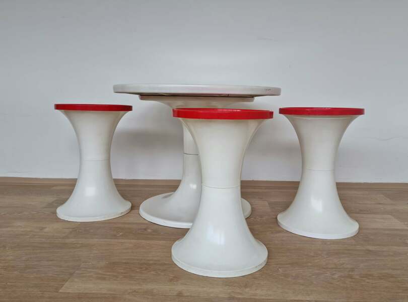 Midcentury Set Of Three Tulip Stools And Coffee Table, Space Age, Germany, 1970s photo furniture