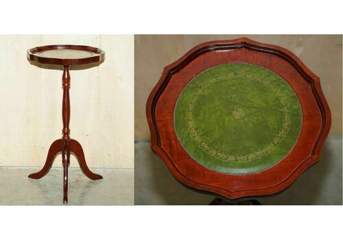 Pie Crust Edge Heritage Green Leather Gold Leaf Tripod Side End Lamp Wine Table