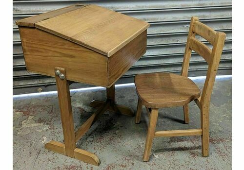 Vintage Early 20th Century Pine School Desk With Inkwell & Chair